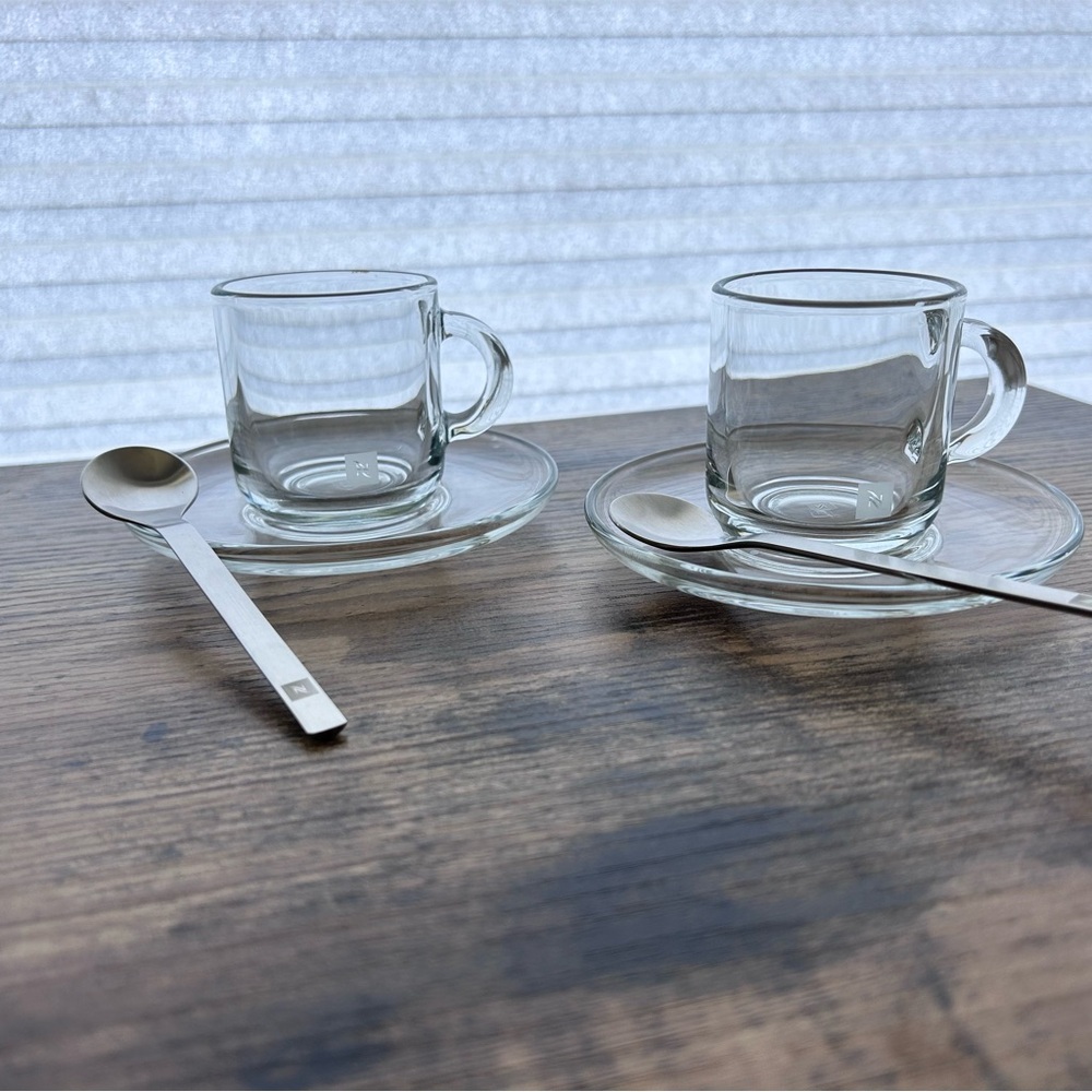 2 sets Nespresso mini Clear Glass Espresso Cup and Saucer & spoons